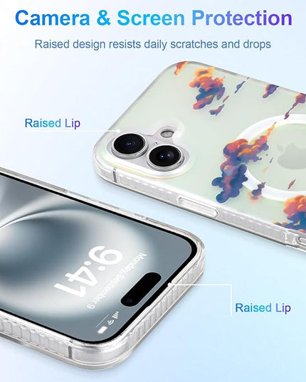 Cute Case for iPhone 16 Plus Case for Women Girls [ Compatible with Magsafe ] Aesthetic Cloud Pattern Design, Girly Glitter Sparkly Bling Protective Phone Cover, Iridescent Sun Set Sky