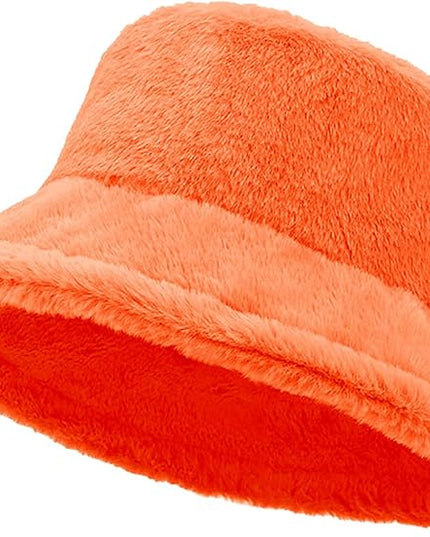 Women Plush Fluffy Bucket Hat Warm Lining Winter Faux Fur Cozy Wide Brim Winter