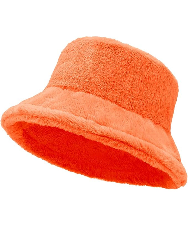 Women Plush Fluffy Bucket Hat Warm Lining Winter Faux Fur Cozy Wide Brim Winter