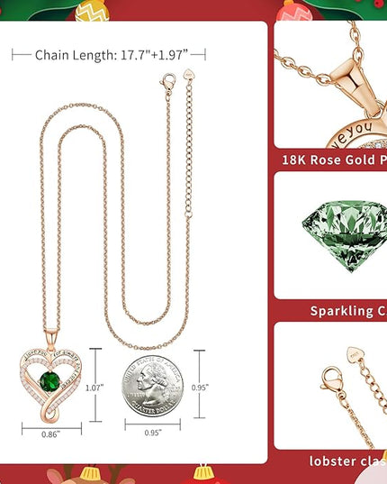 Infinity Love Heart Birthstone Necklace for Women Wife, S925 Sterling Silver Anniversary for Women Wife Birthday Gift for Her Girlfriend Mom Daughters, I Love You Women's Jewelry 18k Rose Gold Filled