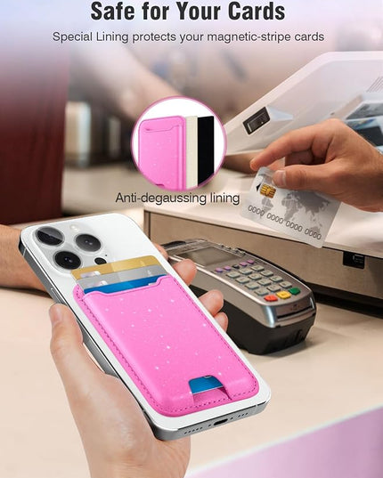 TopMade for Magsafe Wallet, Sparkle Magnetic Card Holder for iPhone 17, iPhone 16/15/14/13/12 Series, Leather Magnetic Phone Wallet with Powerful Magnet, RFID Blocking, Fit 4 Cards, Glitter Pink