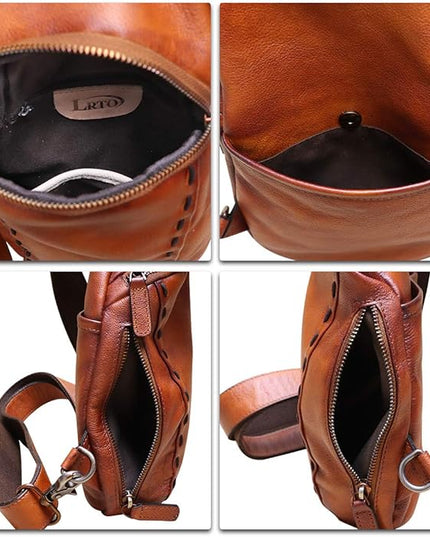 LRTO Genuine Leather Silng Bag for Women and Men Vintage Real Leather Sling Backpack Shoulder Crossbody Bag Chest Purse