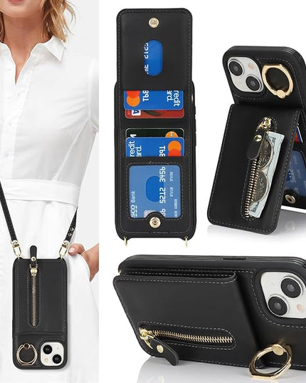 for iPhone 15 Wallet Case with Card Holder, for iPhone 15 Case Wallet with Strap Credit Card Slot, Crossbody Bag with Zipper Case for iPhone15 - Black