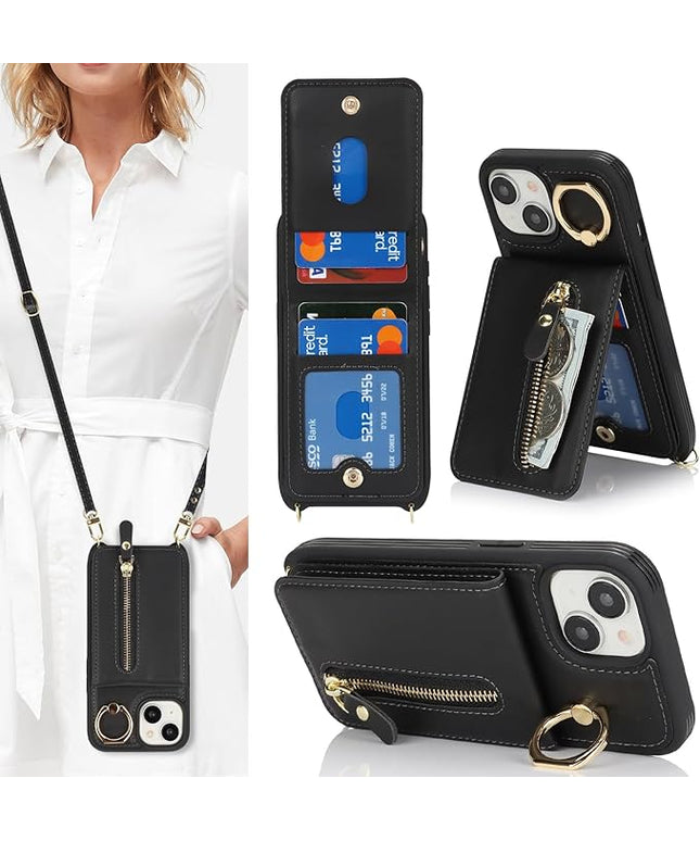 for iPhone 15 Wallet Case with Card Holder, for iPhone 15 Case Wallet with Strap Credit Card Slot, Crossbody Bag with Zipper Case for iPhone15 - Black
