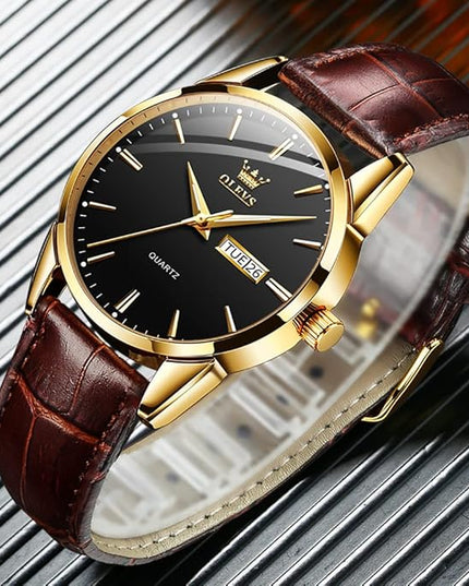 OLEVS Watches for Men Brown Leather Gold Case Analog Quartz Fashion Business Dress Watch Day Date Luminous Waterproof Casual Male Wrist Watches