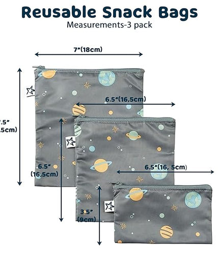 Tiny Twinkle Reusable Snack Bags for Kids – 3 Pack Snack Pouches & Sandwich Bag for Toddlers – Machine Washable, Mess-Proof for Lunch & Travel (Space)