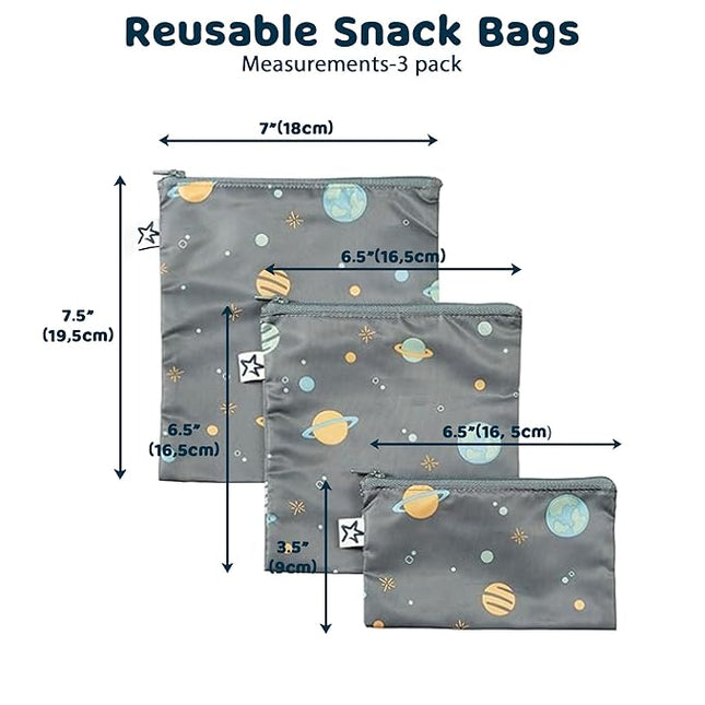 Tiny Twinkle Reusable Snack Bags for Kids – 3 Pack Snack Pouches & Sandwich Bag for Toddlers – Machine Washable, Mess-Proof for Lunch & Travel (Space)