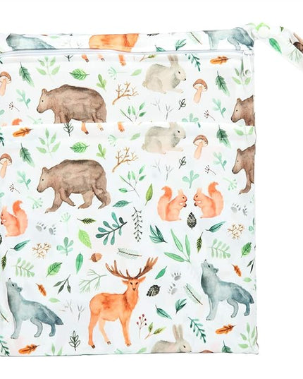 Wet Dry Bag Baby Cloth Diaper NappyReusable Washable With Two Zippered Pockets (Watercolour Animals)