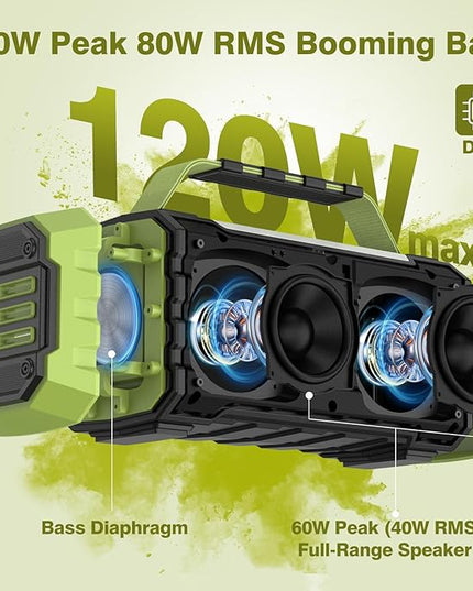 Portable Bluetooth Speaker 120W Peak 80W Wireless Speakers, TWS Pairing, Deep Bass, Hi-Fi Loud Speaker, IPX6 Waterproof, DSP Sound Boombox for Outdoor, Camping, Party, Beach