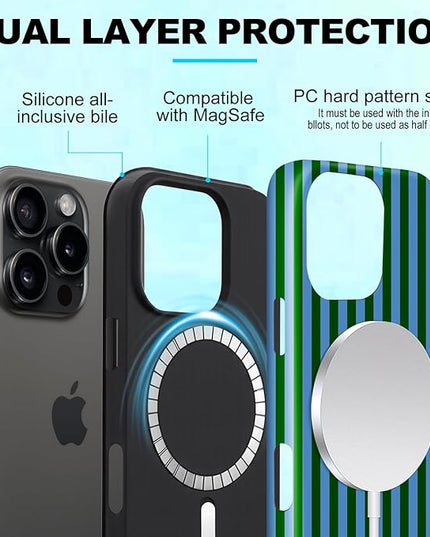Magnetic for iPhone 12/12P Case Cute Stripes Phone Case, Shockproof Slim TPU and Hard PC Protective Phone Cover Compatible with MagSafe Designed for Women Girls, Green and Blue