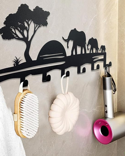 BooWoodNeonMetal Elephant Family Metal Key Hook Rack - African Savannah Sunset Wall Decor - Practical and Artistic Key Organizer, Hallway, Kitchen, Office