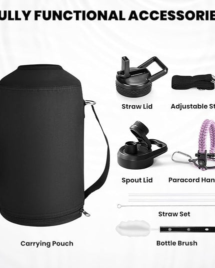 One Gallon Water Bottle Insulated, Triple Walled Vacuum Stainless Steel (Cold for 48 Hrs), Leak Proof & Non-BPA, Large Water Flask Jug with Paracord Handle & Straw Spout Lids