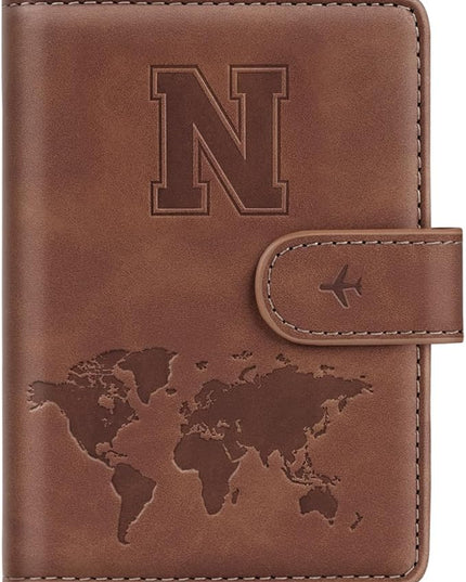 Passport Holder Wallet Cover Personalized Letter A-Z Travel Wallet RFID Blocking Passport Cover Wallet Case for Travel Passport Book Holders for Women and Men, Brown-N