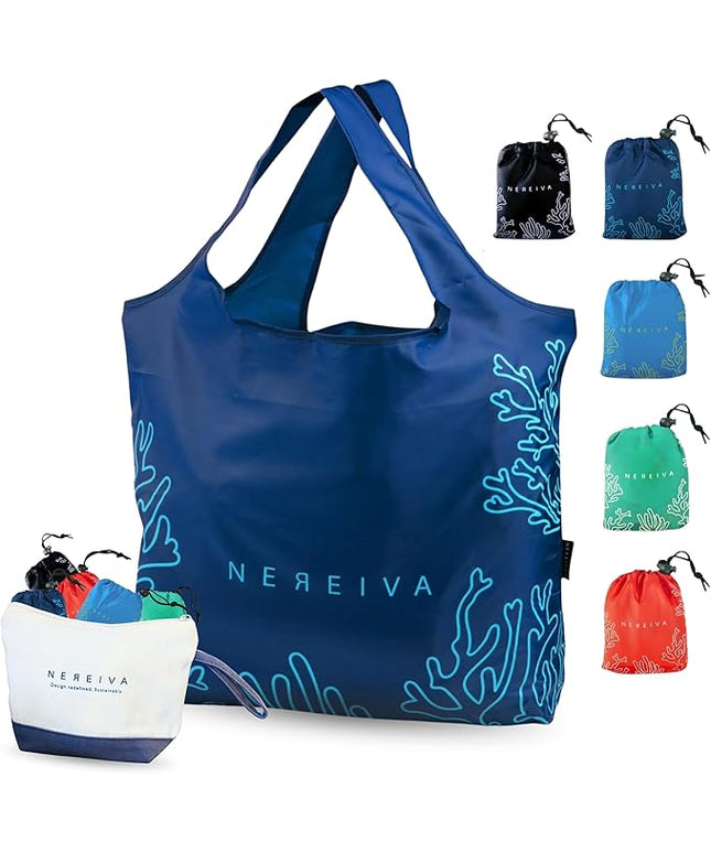 5 Pack Foldable Grocery Bags into Tiny Pouch - Large Capacity Multi-Color, Great for Travel, Durable, Washable Packable Shopping Bag, Comes with a Carry Pouch, Lightweight