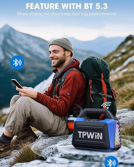 Portable Bluetooth Speakers Loud - Wireless Speaker 80W Peak, Light Show, 20H Playtime, Strong Bass, BT 5.3, TWS, IPX6 Waterproof for Outdoor Travel Beach Camping - Blue