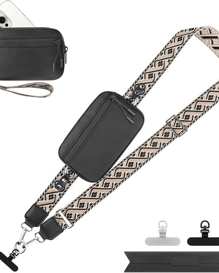 Clip and Go Strap for Phone with Wallet Crossbody, Adjustable Phone Lanyard with Detachable RFID Wristlet Wallet, Pattern Strap - Black (L)