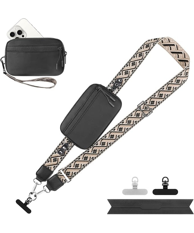 Clip and Go Strap for Phone with Wallet Crossbody, Adjustable Phone Lanyard with Detachable RFID Wristlet Wallet, Pattern Strap - Black (L)