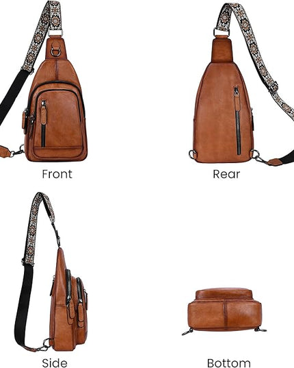 HESHE Leather Sling Bag for Women Crossbody Bags with Multi-Pocket Stylish Fanny Packs for Travel Chest Bag