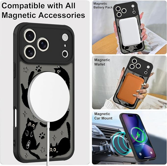 Cute Magnetic Case for iPhone 17 Pro Case [ Compatible with MagSafe ] with Black Cats Cat Pattern Design for Women Girls Boys, Soft Bumper Hard Back Kawaii Animal Protective Phone Cover