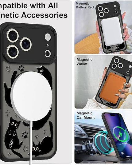Cute Magnetic Case for iPhone 17 Pro Max Case [ Compatible with MagSafe ] with Black Cats Cat Pattern Design for Women Girls Boys, Soft Bumper Hard Back Kawaii Animal Protective Phone Cover