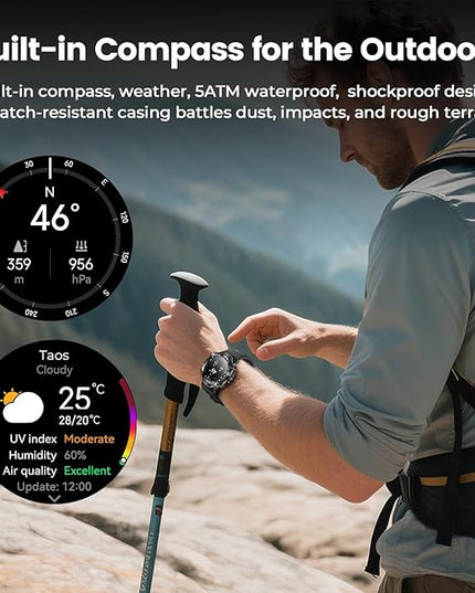 WalkerFit Military Smart Watch for Men (170+ Sports Modes), 1.43" AMOLED Rugged Watch with Bluetooth Call, 5ATM Waterproof Fitness Tracker Watch, Long Battery, Compatible with iPhone Android