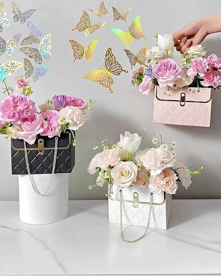 JHXTZ 16 Pack Flower Paper Gift Bag and 24 3D Butterfly Decor, Bouquet Portable Flower Handbag Box with Metal Chain, Small Florist Carrier Bag for Arrangements, Valentine's Day, Birthday 4 colors