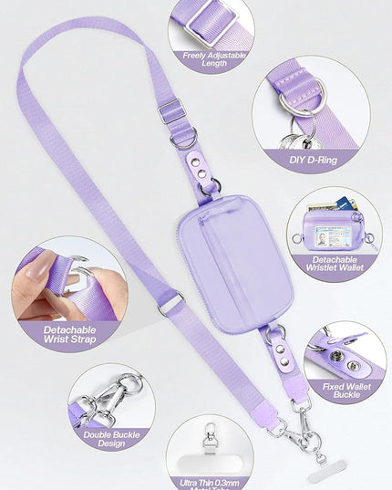 Clip and Go Strap for Phone with Wallet Crossbody Phone Lanyard Adjustable and Detachable RFID Wristlet Wallet with ID Window and Zipper, Purple