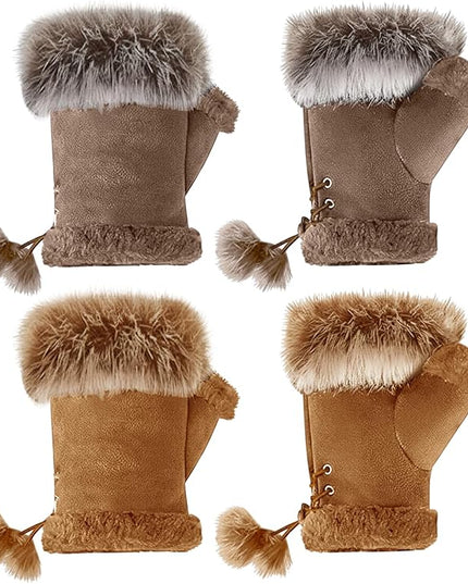 SATINIOR Women Fur Fingerless Gloves Winter Rabbit Fur Lined Half Finger Mittens for Women Girls Teen Working Writing