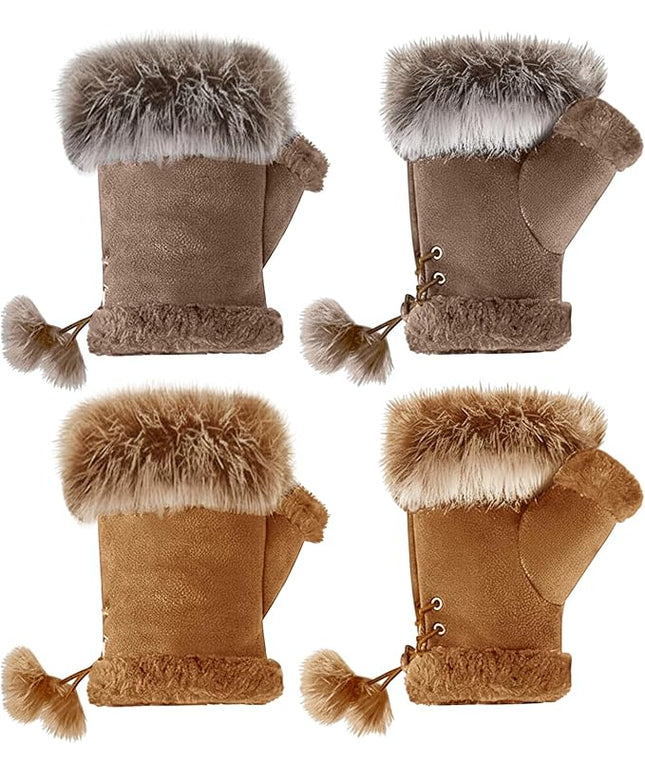 SATINIOR Women Fur Fingerless Gloves Winter Rabbit Fur Lined Half Finger Mittens for Women Girls Teen Working Writing