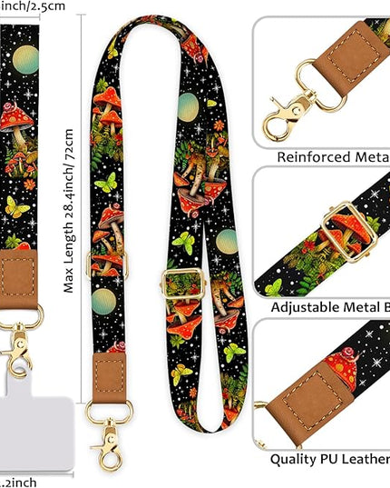 Cell Phone Lanyard Crossbody with Wrist Strap, Mushroom Butterfly Lanyards for Around The Neck Wristlet Adjustable Phone Strap Cute for Keys Case ID Badges Accessories