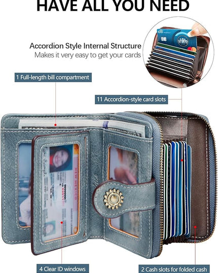 TFKGS Small Womens Wallet Leather RFID Blocking Bifold Compact Card Holder Ladies Zipper Accordion Pocket with ID Window Blue