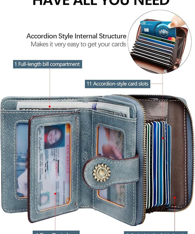 TFKGS Small Womens Wallet Leather RFID Blocking Bifold Compact Card Holder Ladies Zipper Accordion Pocket with ID Window Blue