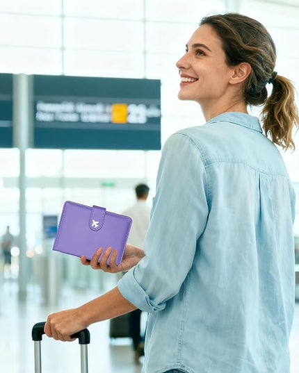 Passport Holder, Travel Wallet Cover with Pen Loop | Cute RFID Blocking Leather Case with Magnetic Closure for Travel Essentials-Purple