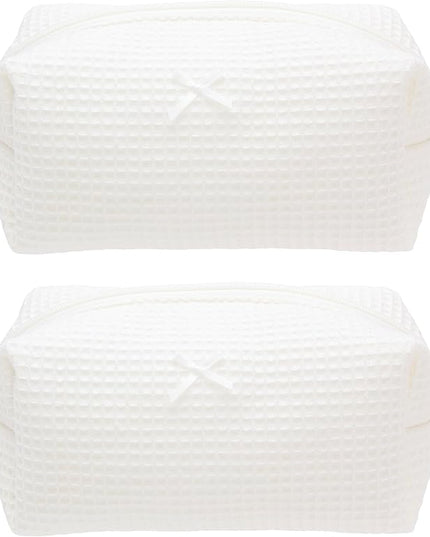 PAZIMIIK 2PCS Cozy Makeup Bag Travel Cosmetic Bag for Women Soft Toiletry Bag Aesthetic Makeup Organizer Portable Large Zipper Pouch for Skincare Beauty Accessories Brushes Waffle Check Cream White