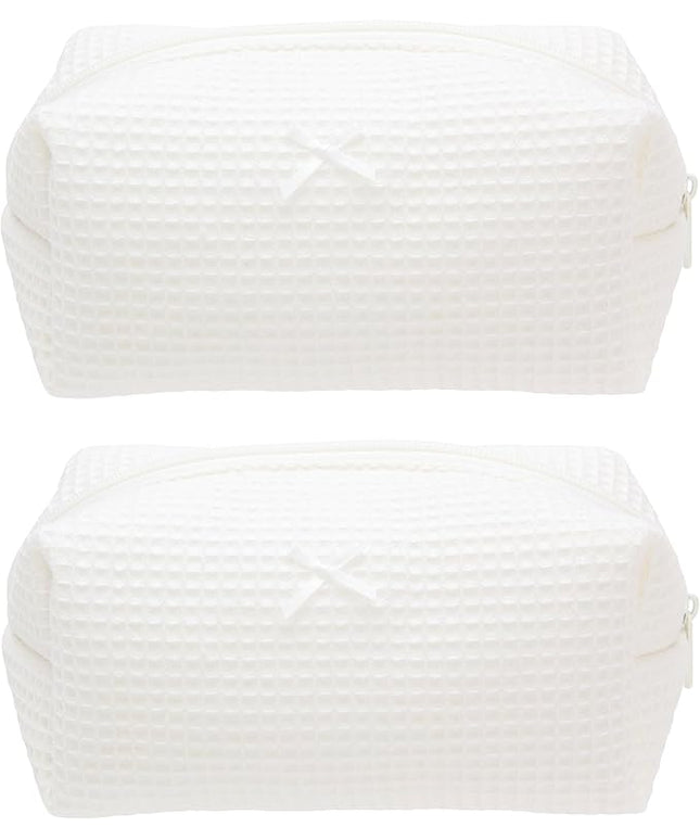PAZIMIIK 2PCS Cozy Makeup Bag Travel Cosmetic Bag for Women Soft Toiletry Bag Aesthetic Makeup Organizer Portable Large Zipper Pouch for Skincare Beauty Accessories Brushes Waffle Check Cream White