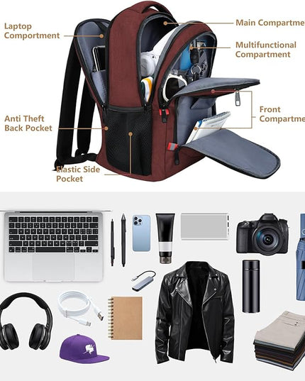 Backpack for Women Men, Travel School Backpacks for Teen Boys, Bookbag with USB Charging Port, Anti Theft College Backpack Fits 15.6 Inch Laptop, Casual Work Business Back Pack, Red