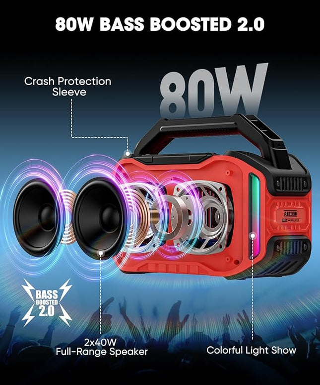 Speakers Bluetooth Wireless: 80W(Peak) Loud Speaker with Bass, 20H Playtime, IPX6 Waterproof, Large Jobsite Speakers for Work, Outdoor, Workshop, Garage, Portable Speaker with TWS (Red)