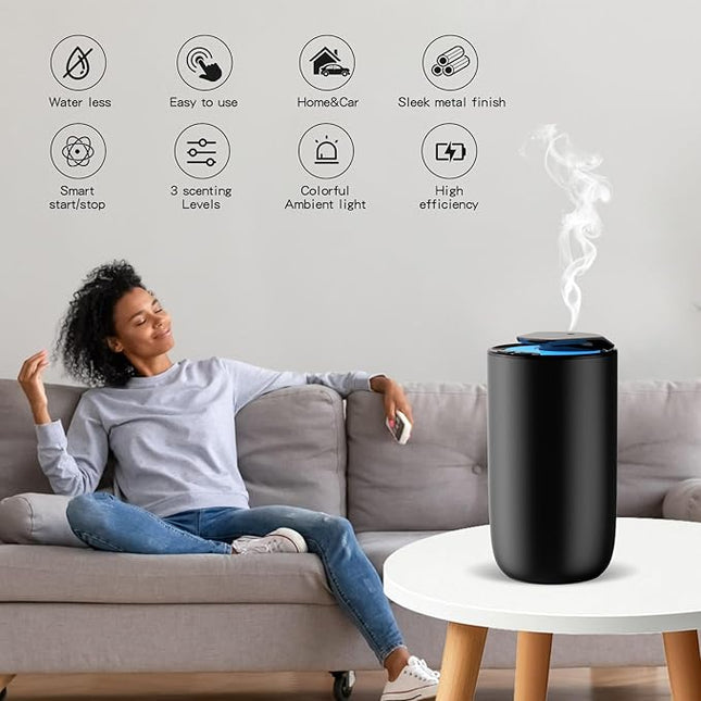 Waterless Diffuser for Essential Oil, Rechargeable Mini Fragrance Scent Air Machine, 3-Color Ambient Night Light, Aluminum, 0.51 Oz/15mL, 3 Countdown Timers & 3 Mist Levels for Home, Car, Titanium
