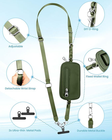 SHANSHUI Clip and Go Phone Strap Wallet Crossbody Phone Lanyard, Detachable Wristlet Strap with Zipper Phone Screen ID Window, 2 Pcs Metal Tether Pads Compatibe for iPhone & Most Smartphones Green