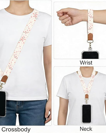 Phone Lanyard Crossbody with Wrist Strap, Adjustable Sakura Neck & Wrist Lanyard for Phones, Keys, ID Badges and Case Accessories – Universal Hands-Free Strap Set