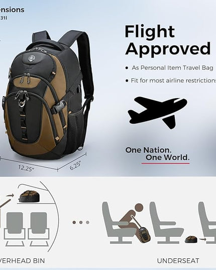 Swissdigital Design Laptop Backpack with USB Charging Port, Travel Backpack Fits 15.6 inches Computer, 31L College School Backpack for Men, Tan/Black | SD803-34