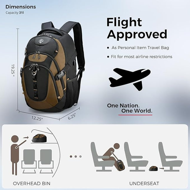 Swissdigital Design Laptop Backpack with USB Charging Port, Travel Backpack Fits 15.6 inches Computer, 31L College School Backpack for Men, Tan/Black | SD803-34