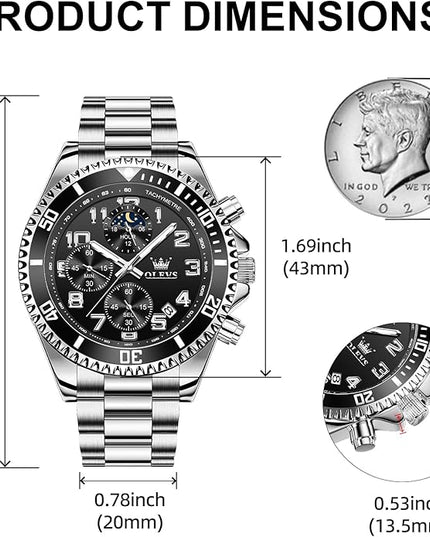 OLEVS Mens Watches Chronograph Watch Luxury Dress Stainless Steel Waterproof Watches for Men Moon Phase Luminous Business Calendar Wrist Watch Blue/Black/Green/Gold/Face