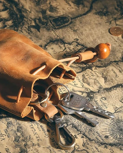 Wugebud 1 Pcs Leather Mini Medieval Pouch Keychain, Coin Organizer, Change Holder, Leather Drawstring Pouch for Men & Women