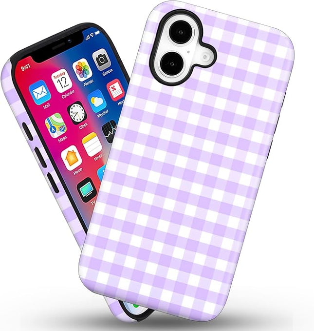 Magnetic for iPhone 16 Case Cute Checkered Stripes Phone Case for Women Girls, Shockproof Slim TPU and Hard PC Protective Phone Cover Compatible with MagSafe Designed, Purple