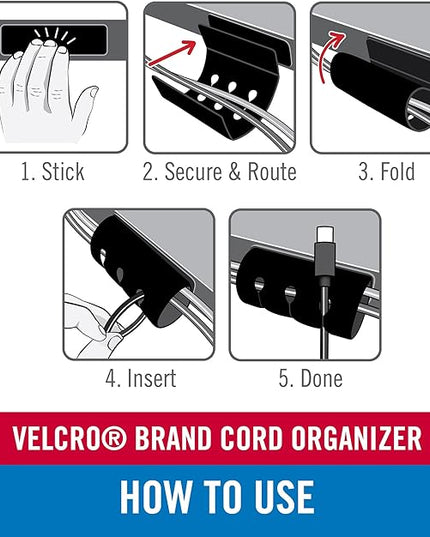 VELCRO Brand Cord Organizer for Desk Cable Management, Nightstand Organization, Unique Dual Function Cable Sleeve Cord Keepers Combo, Holds Wires for Easy Access, Route to Hide, Small 2pk Black
