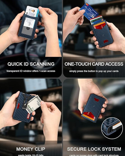 Ruiici Wallet for Men, Slim Minimalist Wallet with Money Clip＆ID Window, RFID Blocking Pop-Up Credit Card Holder, Smart Auminum Mens Wallet Holds 9-13 Cards (Gift Box) (Blue Carbon Fiber)