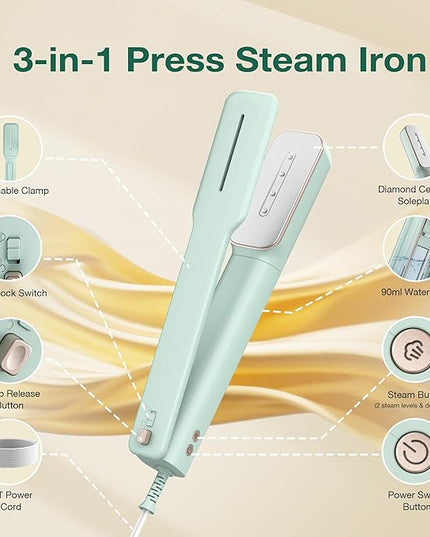 Newbealer 3in1 Clamp Travel Steam Iron with Global Voltage, 100-240V Clothes Steamer, Dry Ironing & 2 Steam Levels, Non-Stick Ceramic Soleplate, Auto-off, Self Cleaning, w/Detachable Clamp (Green)