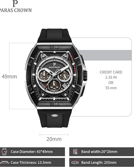 Paras Crown Watches for Men Tonneau 5ATM Waterproof Quartz Luxury Chronograph Analog Men's Wrist Watches Stainless Steel Case Mens Watches