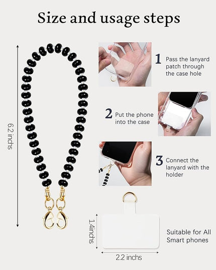 Natural Stone Beaded Phone Wrist Strap for Women – Detachable Chain Wristlet, Durable 304 Stainless Steel Core (Obsidian-Black)